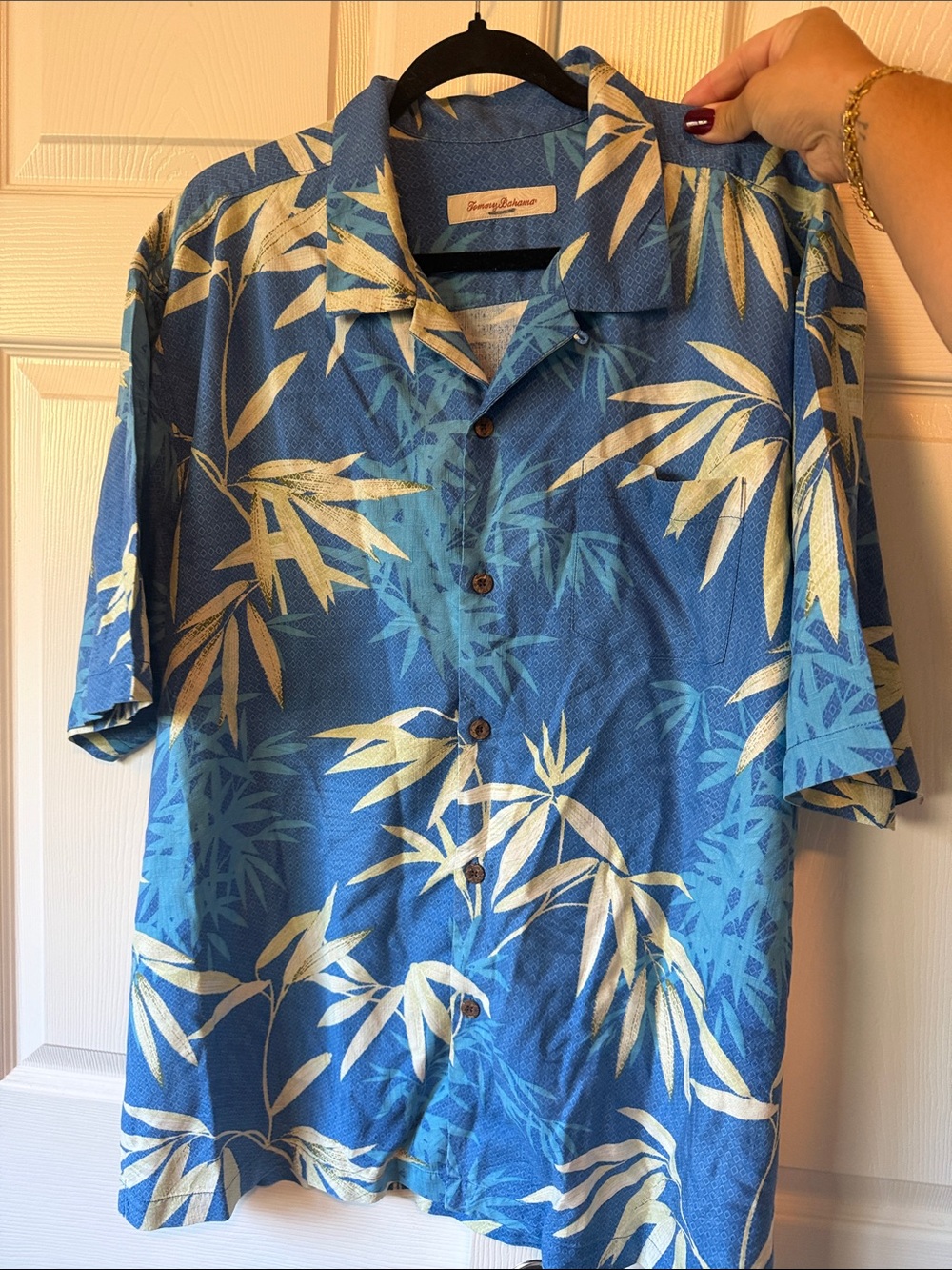 E7 Tommy Bahama Blue and Cream Tropical Camp Shirt